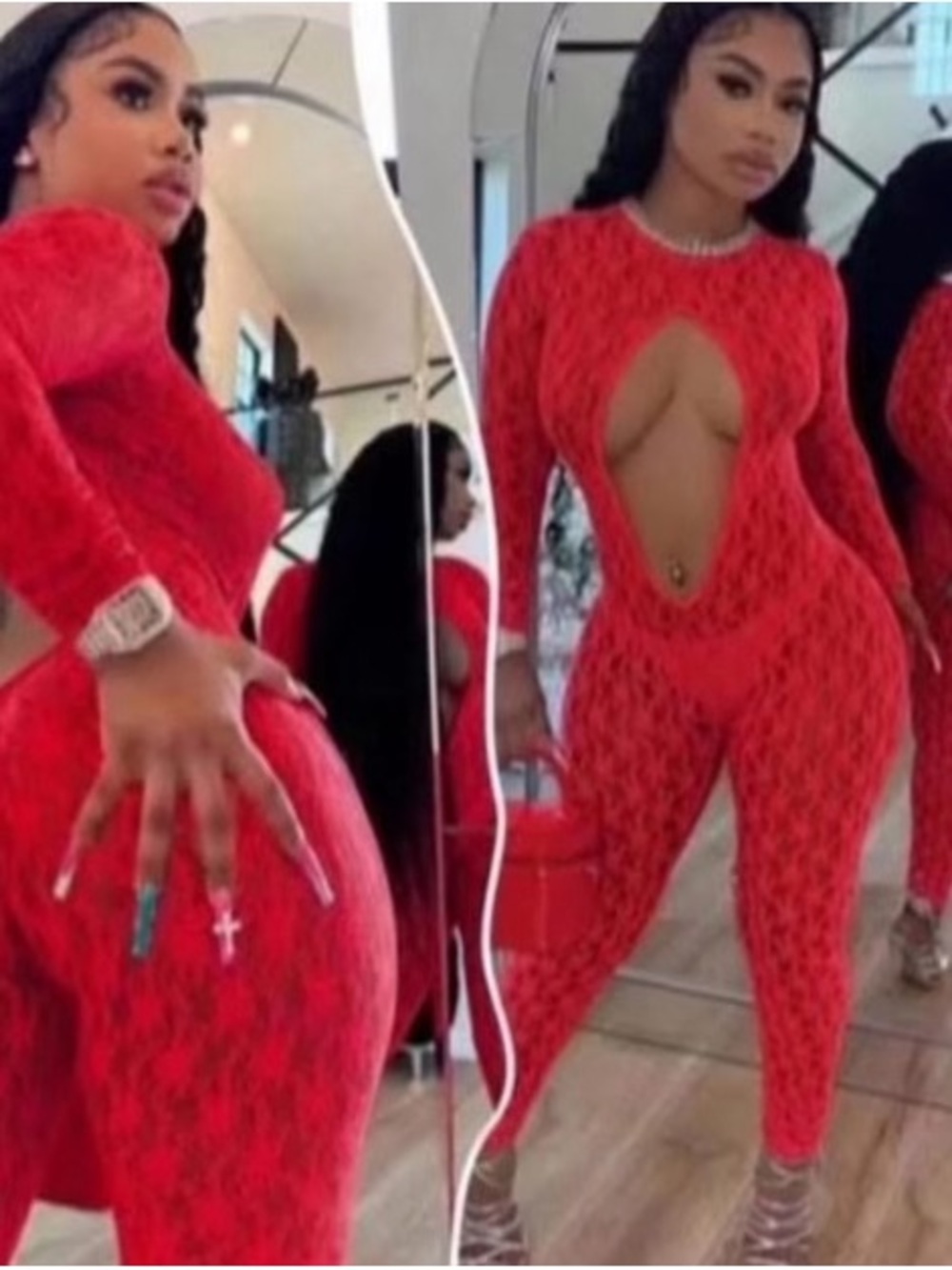 Women’s Red Cutout Lace Jumpsuit
